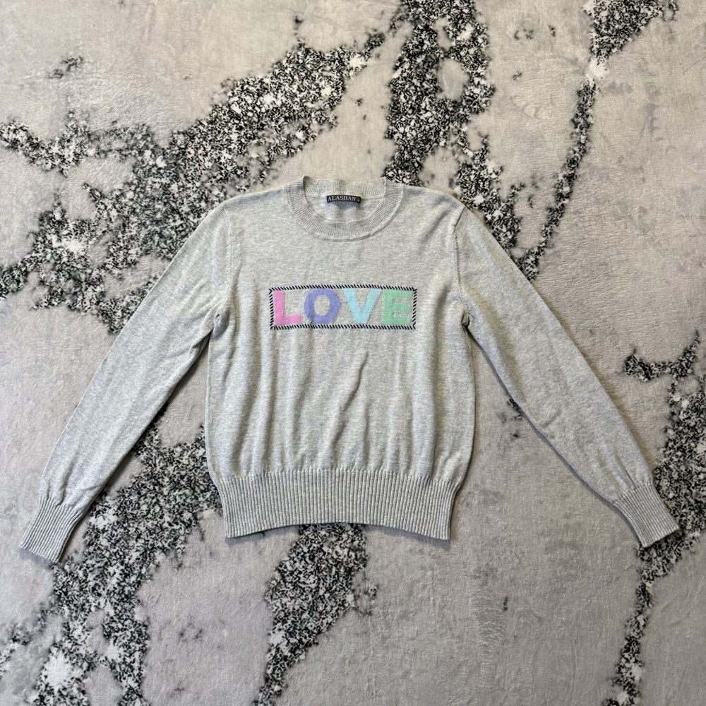 Alashan Sweater Womens Size XS Gray Love Print Long Sleeve Cotton Blend